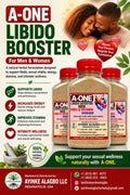 A promotional product graphic for A-One Libido Booster, showing three supplement bottles in the center, with a smiling couple in the upper right, benefit callouts on the left, and company branding at the bottom. The bottles are clear with pink and multicolor labels and red caps.