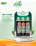 Three bottles of ATC Chronic infection flusher by Ayinke Algbao Herbals displayed on a white pedestal with a green and white background, featuring product benefits text and brand logo.