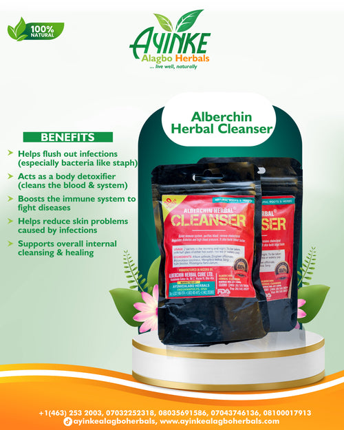 Alberchkin Herbal Cleanser in black pouches displayed on a white pedestal with a green and orange promotional background featuring Ayinke Alago Herbals branding and product benefits.