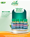 A promotional product graphic for Ayinke Alagbo Herbals Infection Flusher (Powder), showing four small green-capped bottles grouped together on a white platform, with marketing text and benefits listed on a light green background.