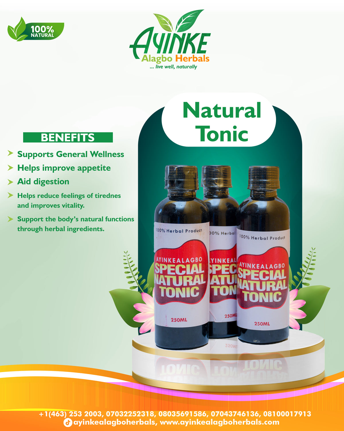 A promotional product graphic for Ayinke Algbao Herbals Natural Tonic, showing three dark amber bottles with white and red labels on a white pedestal against a green and white background with benefit text.