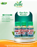 Three bottles of Opa Eyin Powder herbal tonic by Ayinke Alagbo Herbals displayed on a white pedestal against a green and white background with a benefits list and brand logo.