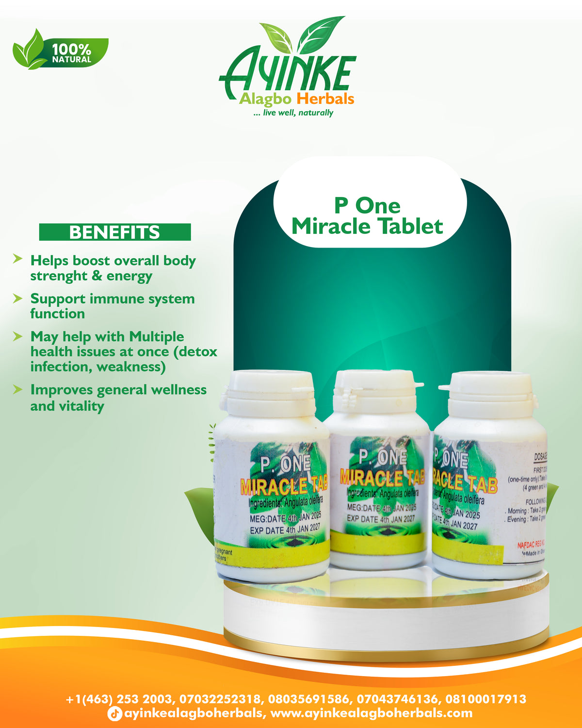 Promotional graphic for Ayinke Alagbo Herbals P One Miracle Tablet, showing three white supplement bottles on a display stand with text detailing benefits and product branding.