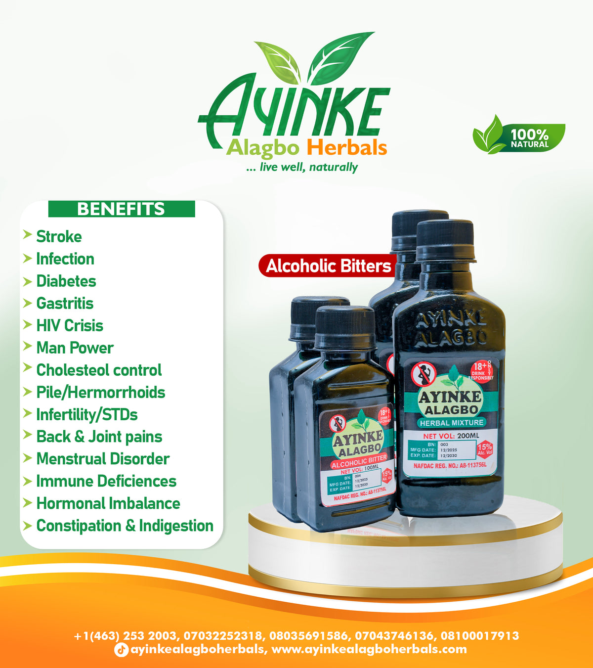Three bottles of Ayinke Alagbo Herbals alcoholic bitters displayed on a white pedestal against a light green background with a benefits list on the left and the Ayinke brand logo at the top.