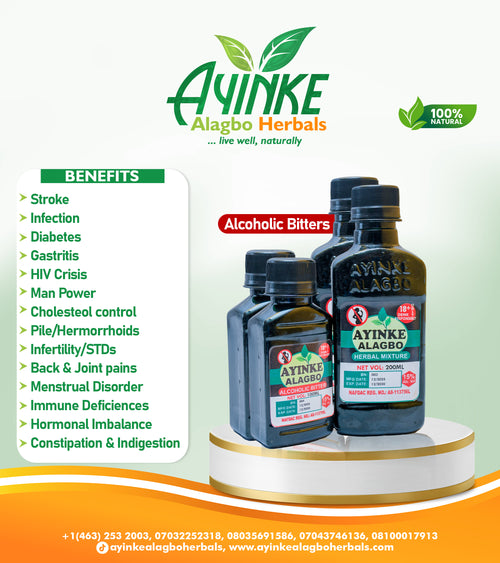 Three bottles of Ayinke Alagbo Herbals alcoholic bitters displayed on a white pedestal against a light green background with a benefits list on the left and the Ayinke brand logo at the top.